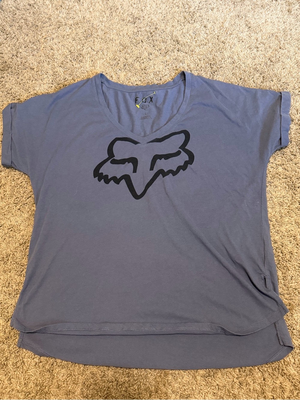 Fox Women's Slate Blue V-Neck Tee with Black Fox Head Graphic
